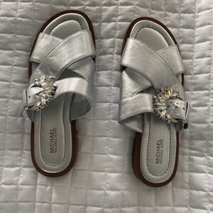 Michael Kors Frieda silver leather slides
